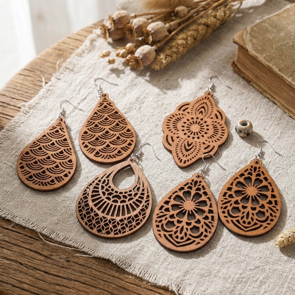 Boho Floral Teardrop Wooden Earrings 4 Pairs Laser Cut Filigree Dangle Set