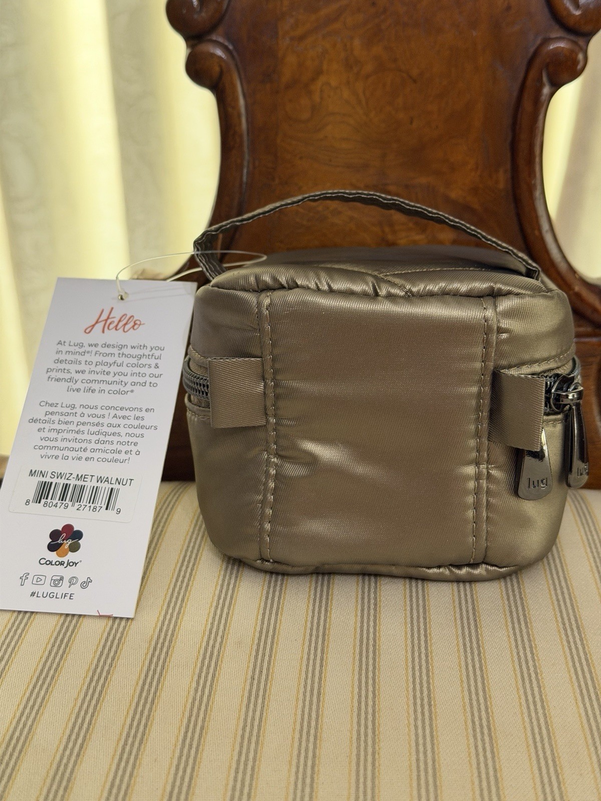 Lug Mini Swizzle Travel Jewelry Case Walnut Zip-Around Lined w/ Pouch