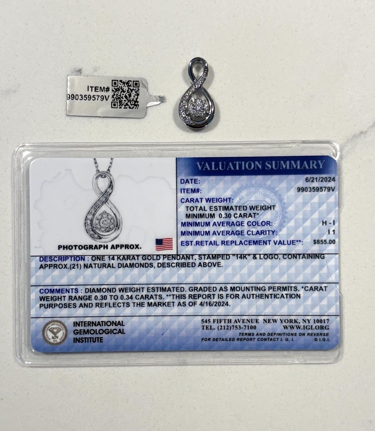 $855 IGI Certified 14K White Gold 1/3 Ct H/I1 Infinity Diamond Necklace Pendant