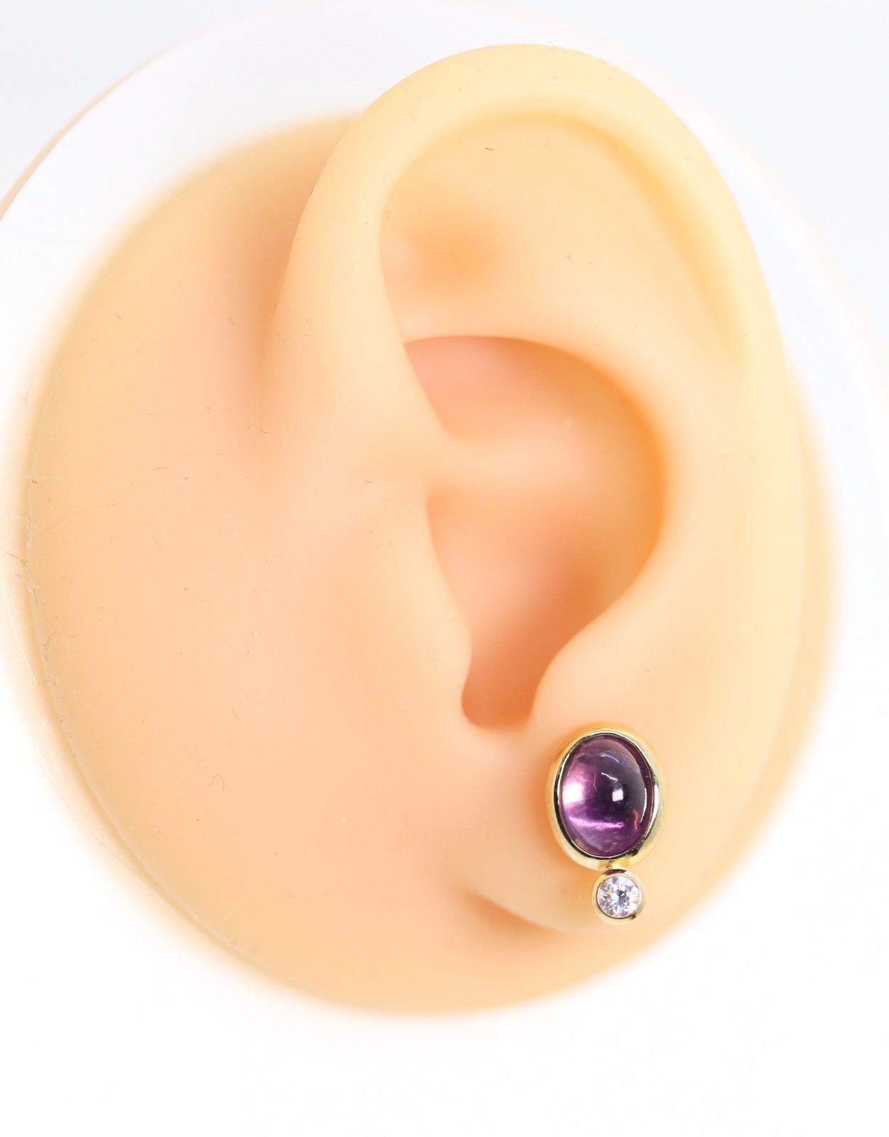 Ladies Yellow Gold Stud Earrings 8kt – 333 Purple Amethyst Cabochon + Cubic Zirconia, L: 14mm