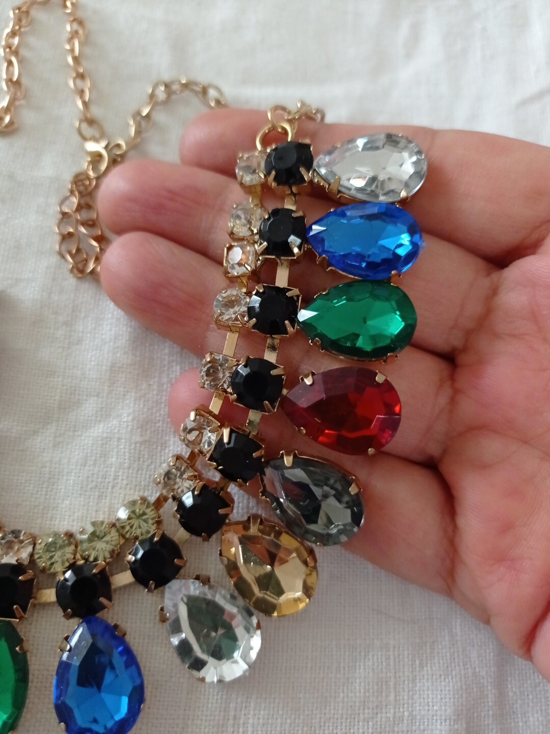 Retro Gold Tone Faceted Clear/Black&Multicolour Rhinestone Beads Necklace-L47cm