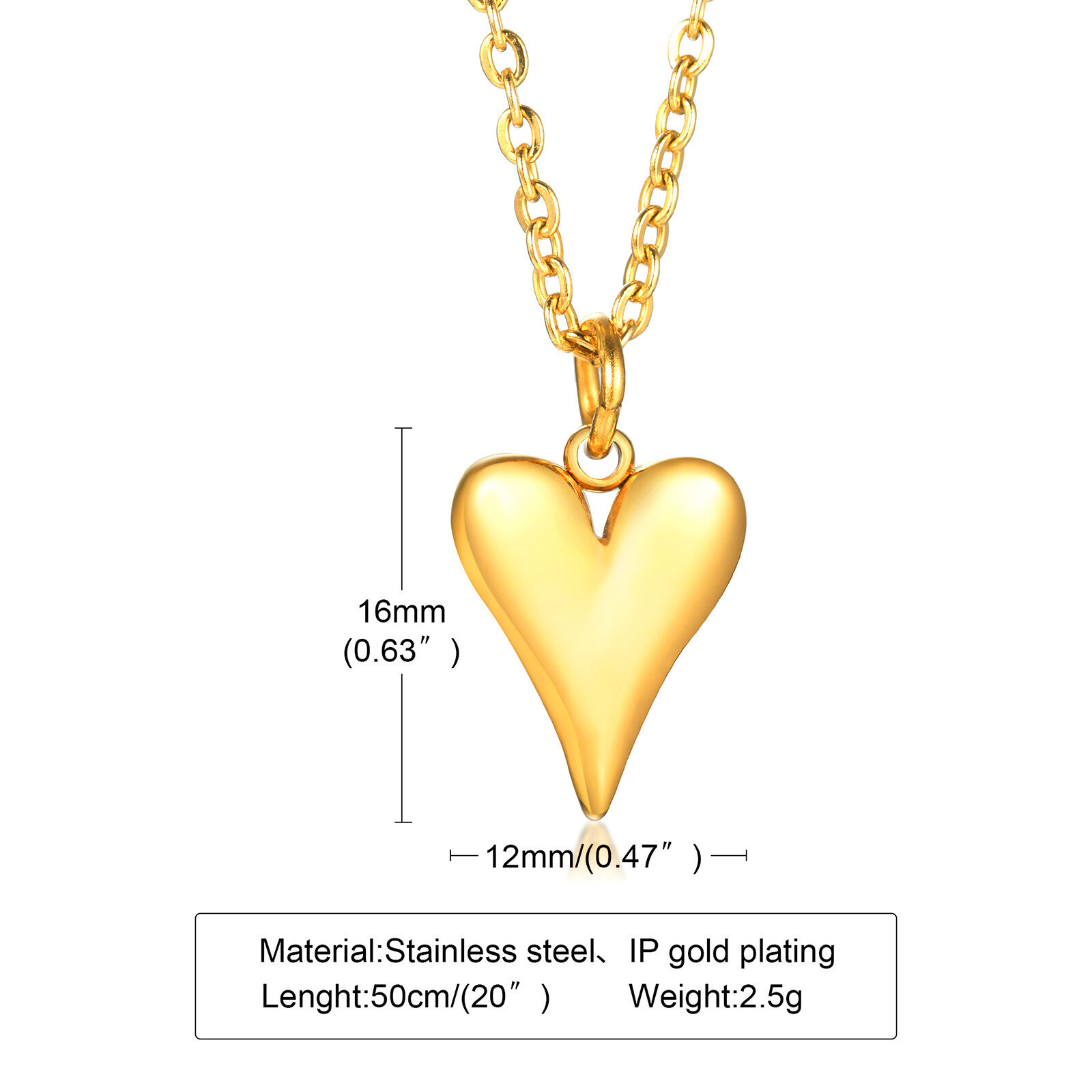 50CM Stainless Steel Heart Pendant Gold /Steel Color Love Women Necklace Jewelry