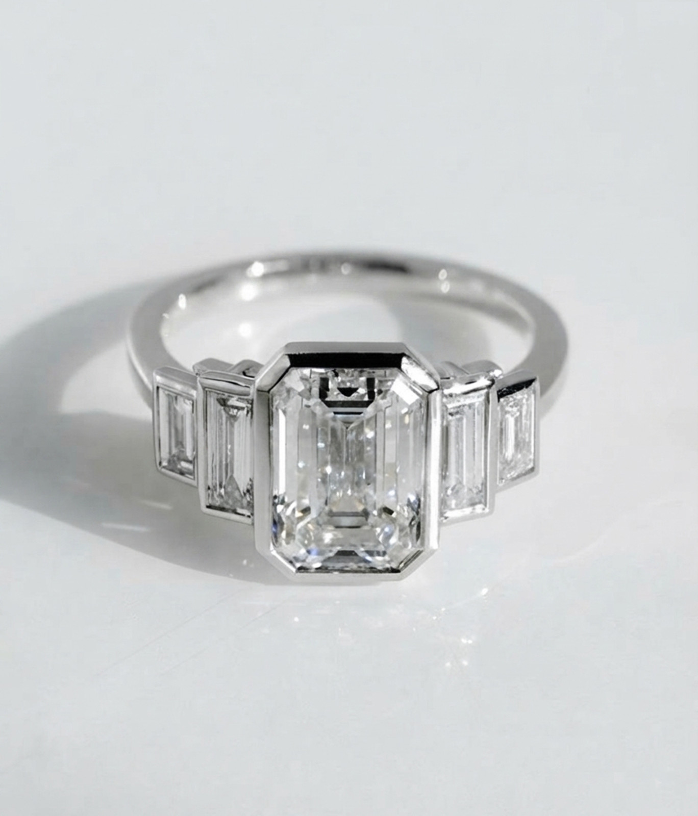 14K White Gold Five Stone Bezel Set Wedding Ring Emerald Cut Lab Created Diamond
