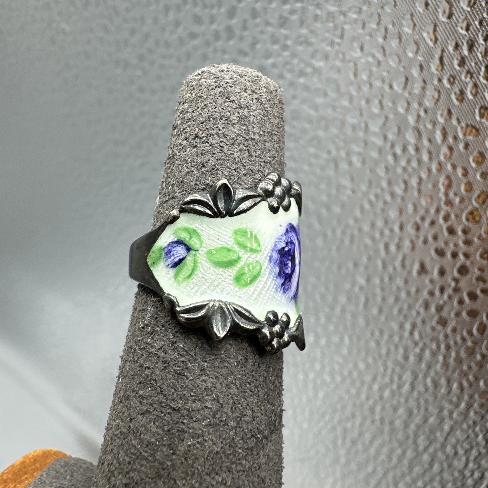 Vtg Vargas Sterling Silver Guilloche Enamel Painted Roses Flower Ring 7.1g Sz 5