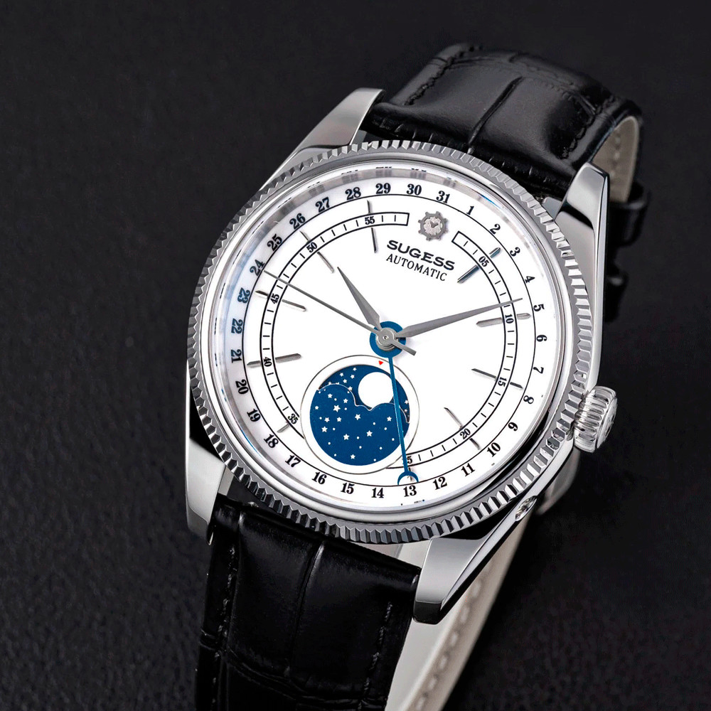 Sugess S452 Automatic Steel Black Leather White Moonphase Men’s Watch