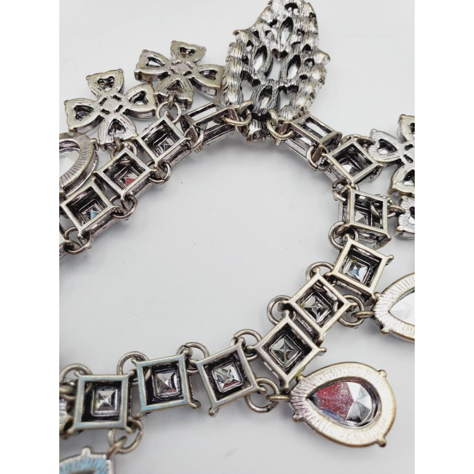Statement silver tone Rhinestone flower square tear drop pear Necklace 18″