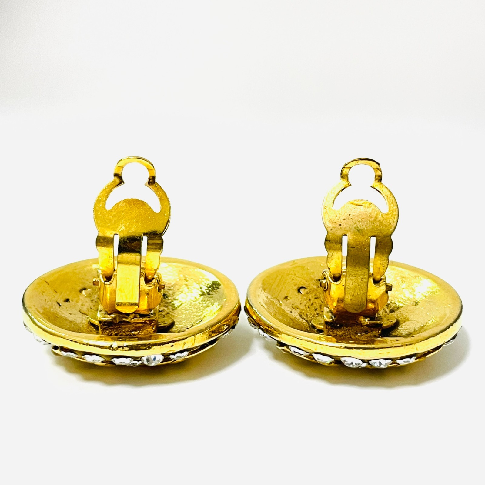 CHANEL 23 Coco Mark Rhinestone Earrings Gold CC Logo Vintage Clip-On JAPAN