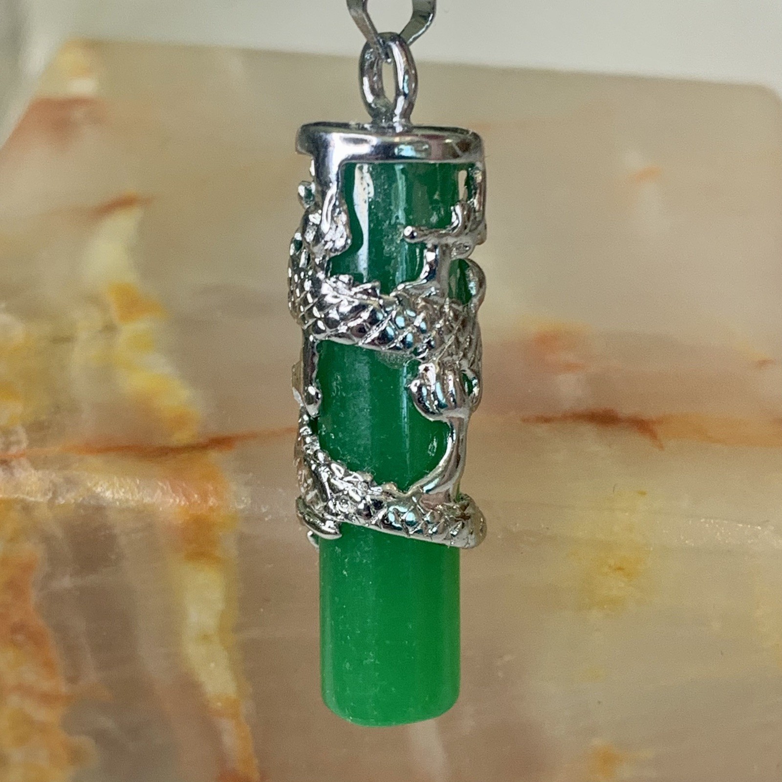 Dragon Coil Green Jade Pillar Men Women Column Pendant Chain Necklace 18KWGP 16″