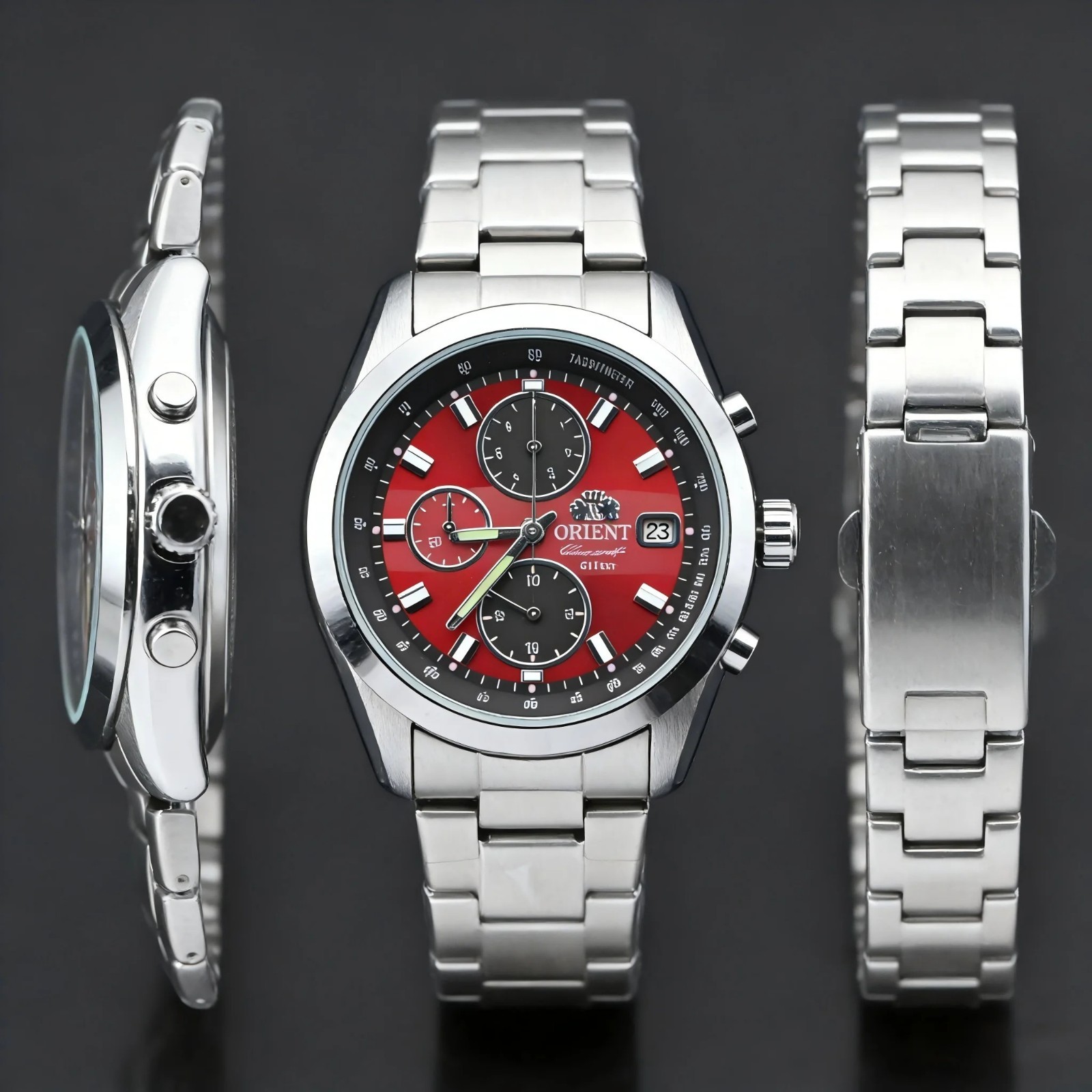 Orient Men’s Chronograph Wristwatch 100M Waterproof Red Dial Sport Watch Mens