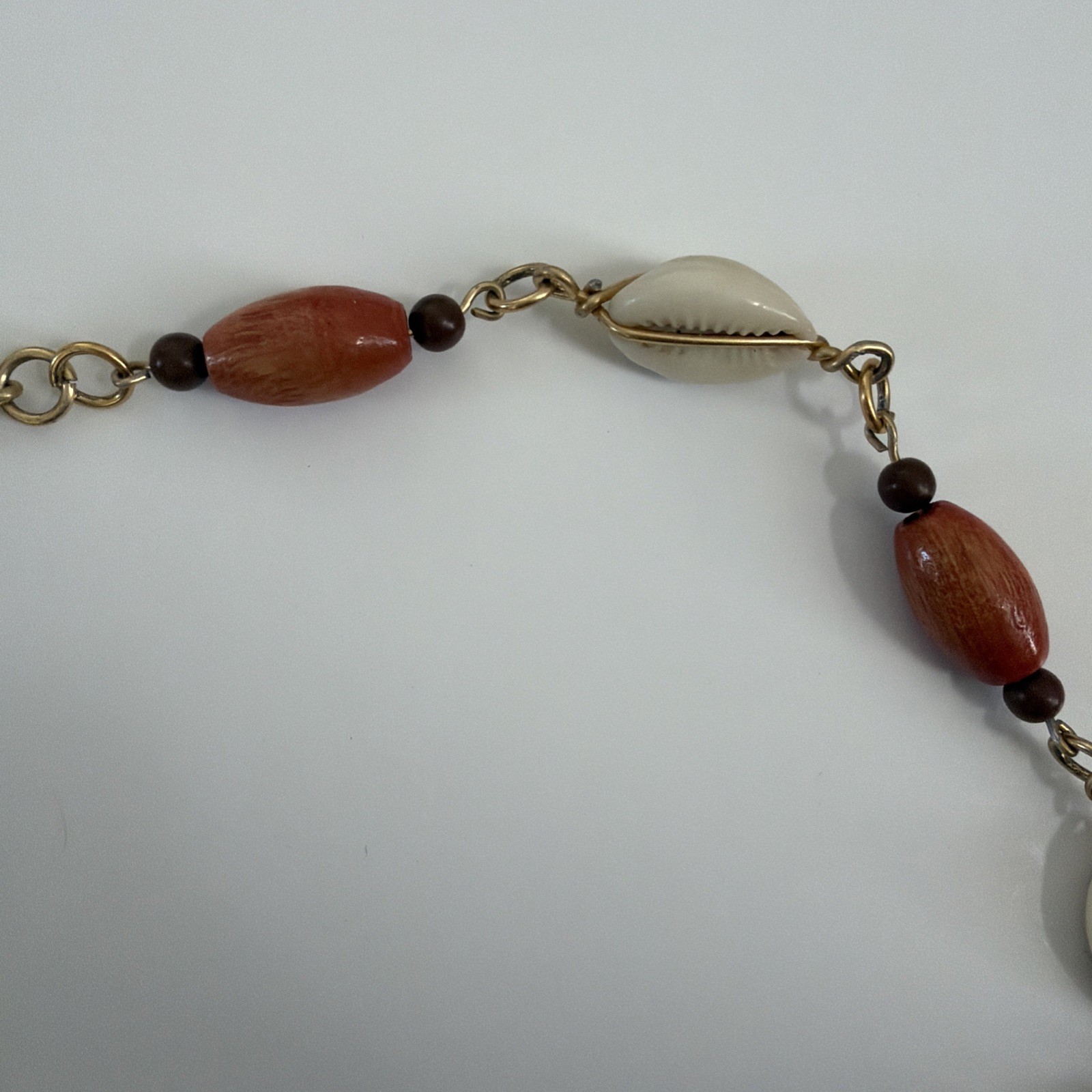 Vintage Cowrie Shell Wood Bead Long Necklace Coastal Beach Boho Resort Jewelry