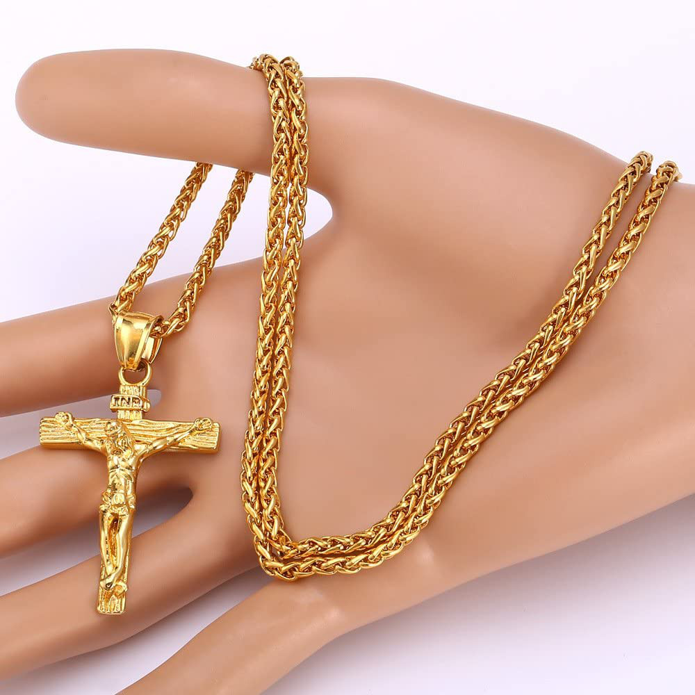 Cadena para Hombres Oro Chapado 18k Cz Cruz de Jesus Colgante Collar Figaro 22