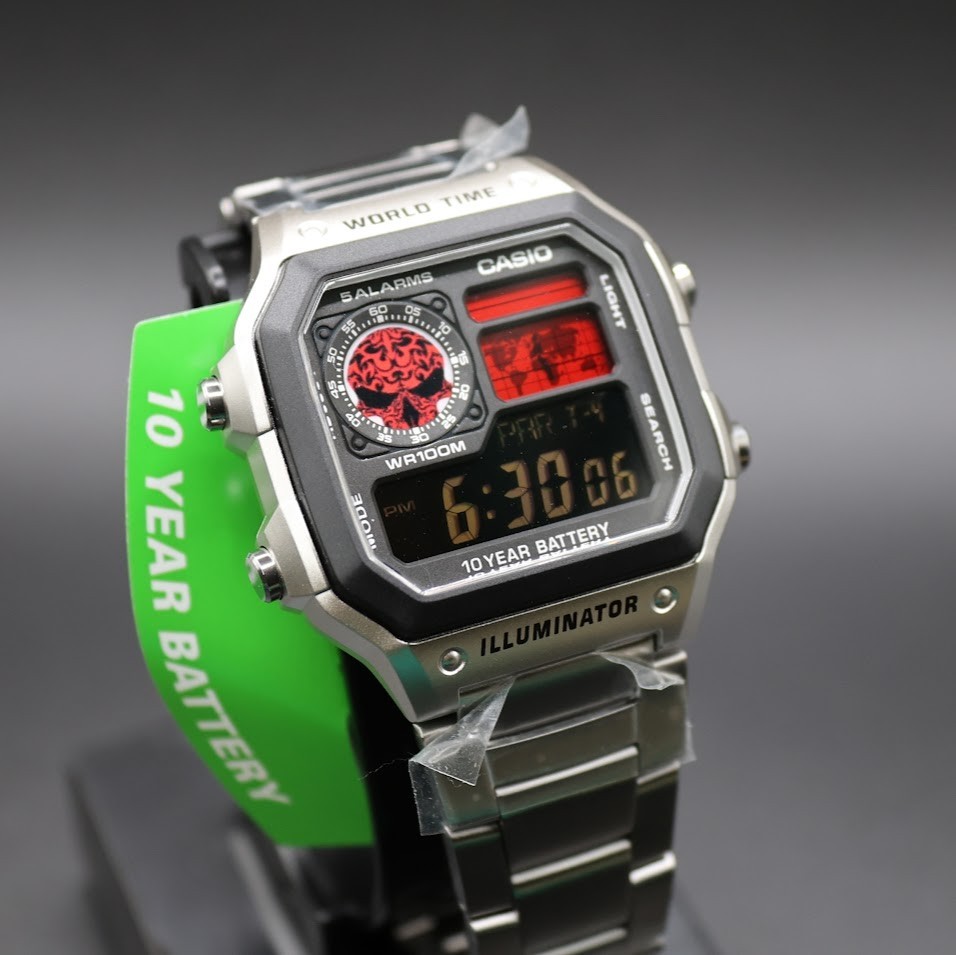 CASIO AE-1200WHD. Royale World Time Watch Mod. Negative Display – Red Skull Dial