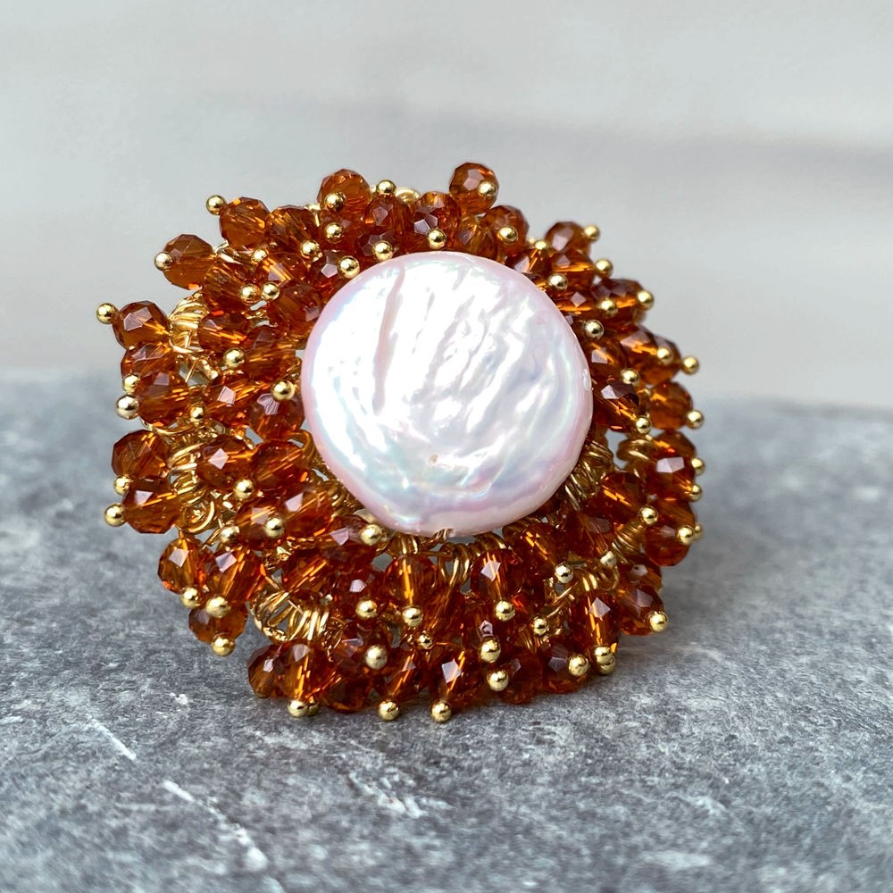Cultured White Coin Pearl Brown Crystal Gold Plated Party Adjustable Ring