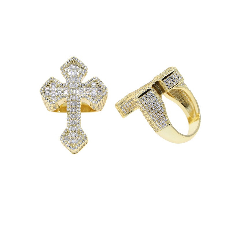 18K Gold Plated Iced CZ Out Cross Ring For Men White Gold Plated Fashion Jewelry