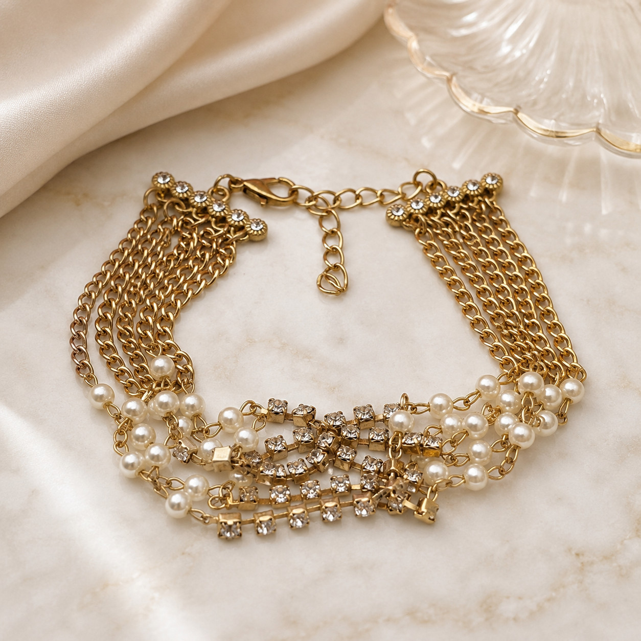 Gold Tone Clear Crystal White Faux Pearl 5 Strand Statement Bracelet 8-9.5 In