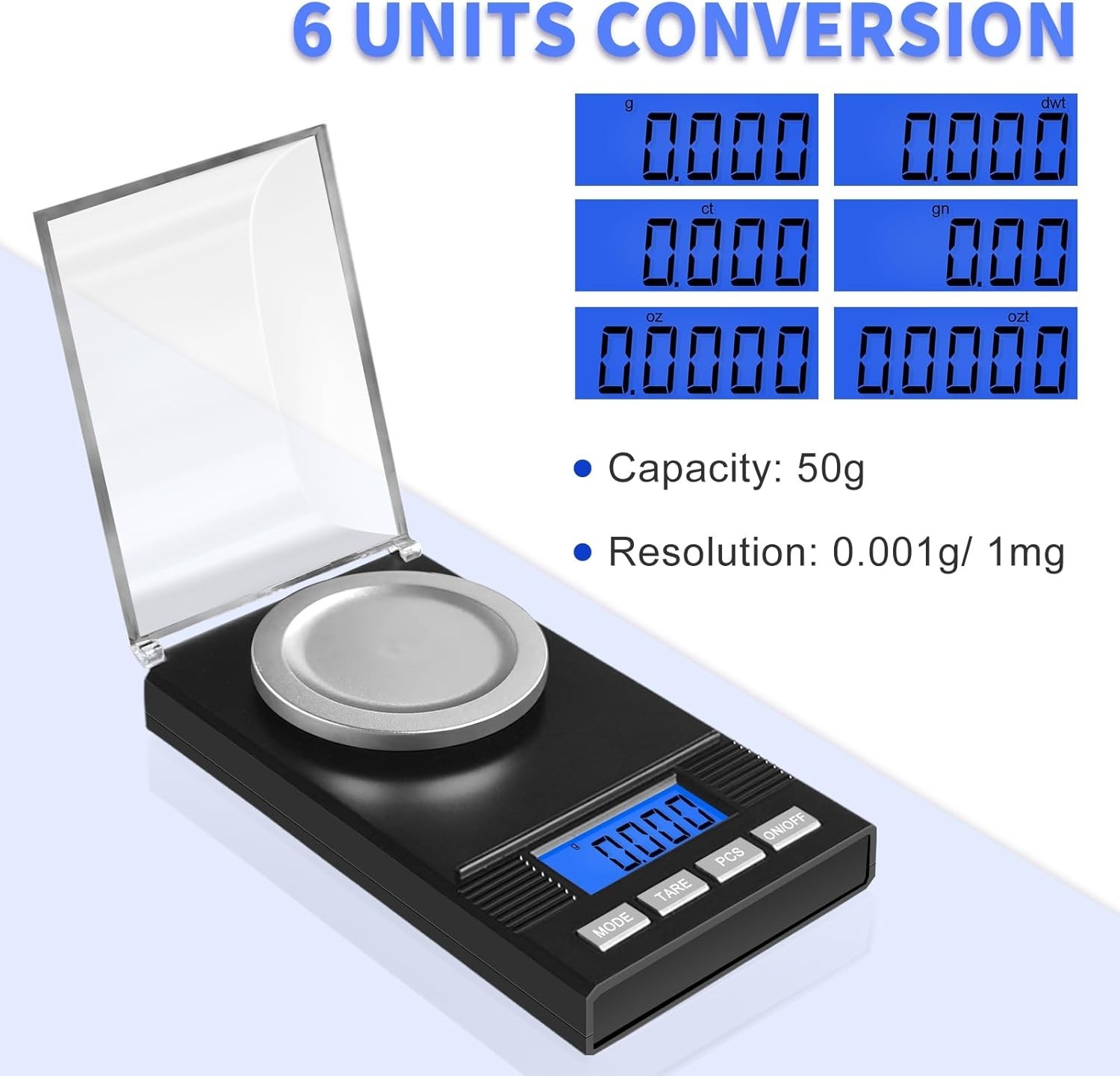 Lightweight 50g Milligram Scale with Tare Function & Calibration Kit Included