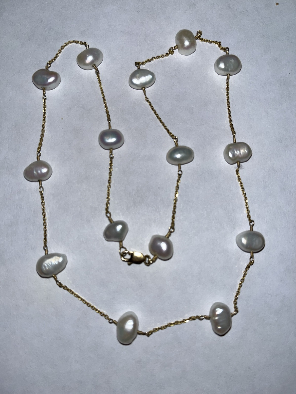 Stunning 14K gold 18″ pearl station necklace heavy 8.8 Grams.