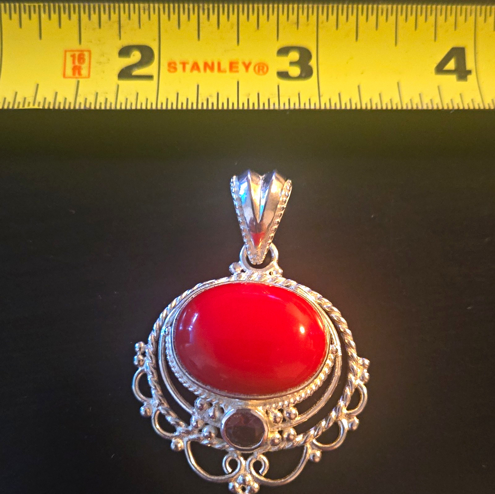 Red Oval Coral Cabochon Pendant in Silver Bezel Setting, Filigree Style