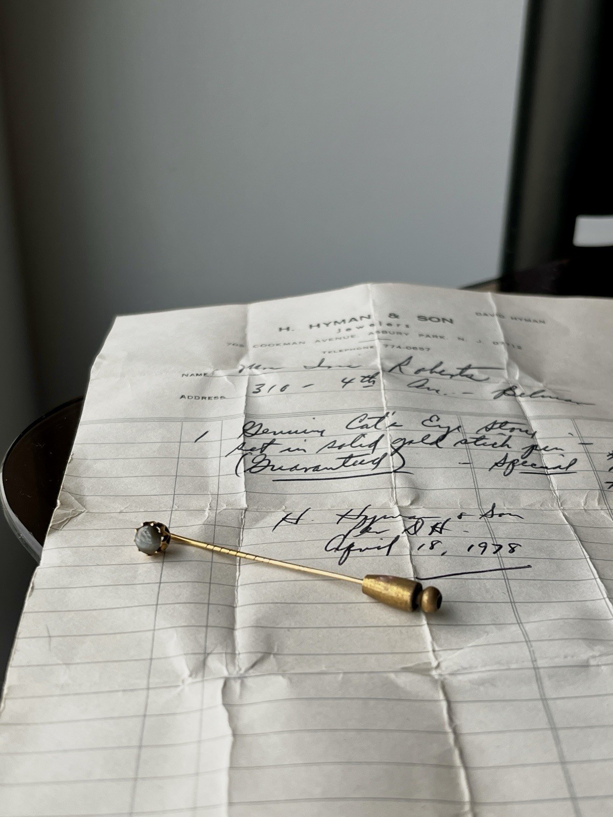 Vintage 14K Gold Chrysoberyl Cat’s Eye Stick Pin. Original 1970 Jeweler Receipt
