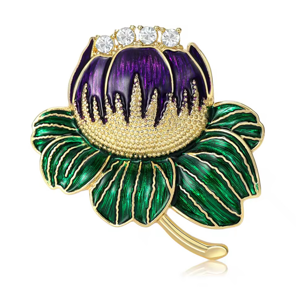 Rhinestone Purple Lotus Flower Brooch Gold Plant Pin Spring Summer Jewelry Gift