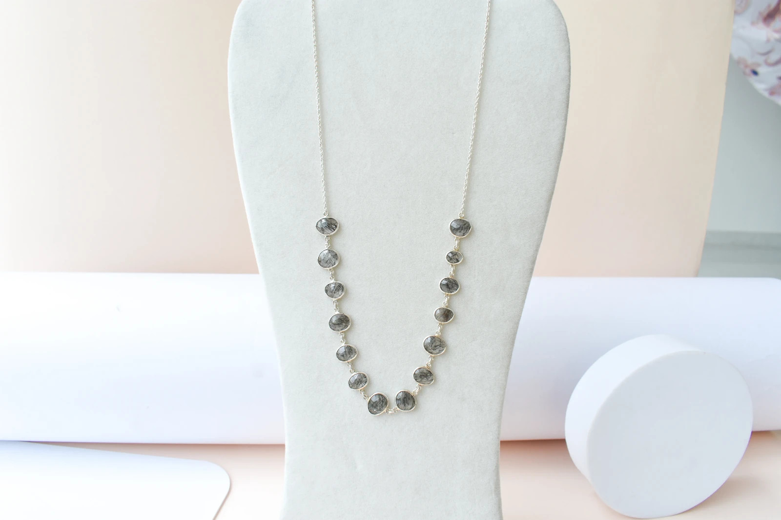 IGS Certified Black Rutilated Quartz Station Necklace, 925 Sterling Silver, Tour