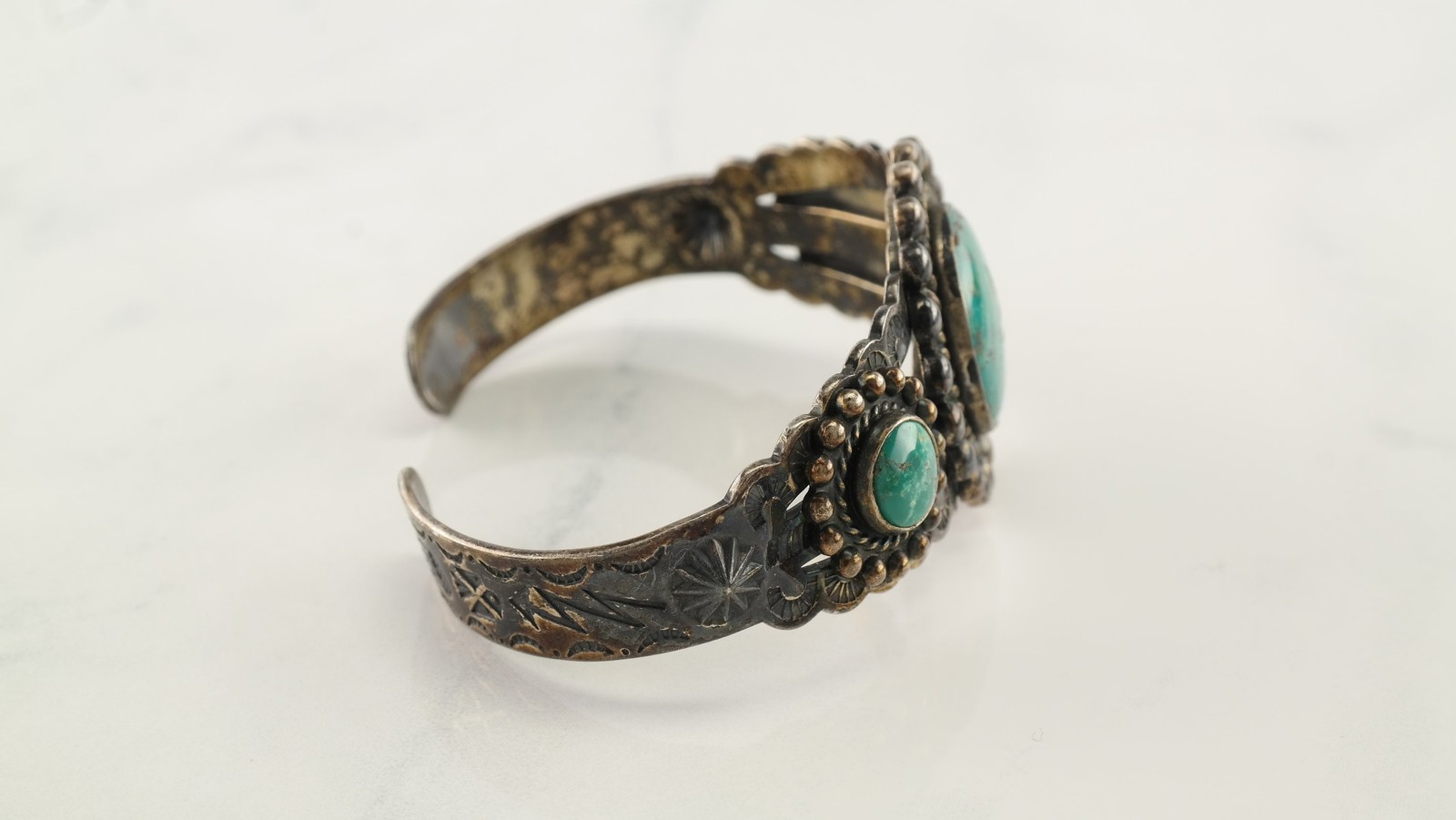 Fred Harvey Era Blue Turquoise Cuff Sterling Silver Bracelet