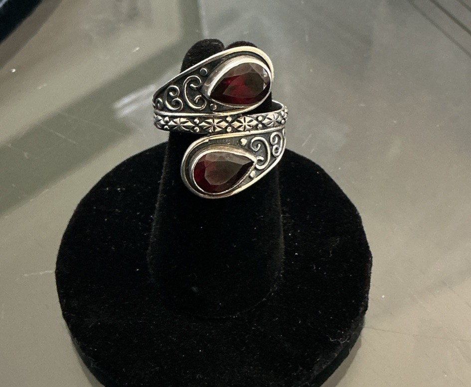 925 Sterling Silver Red Garnet Stone Cocktail Bypass Ring From India Sz5 5.2 G