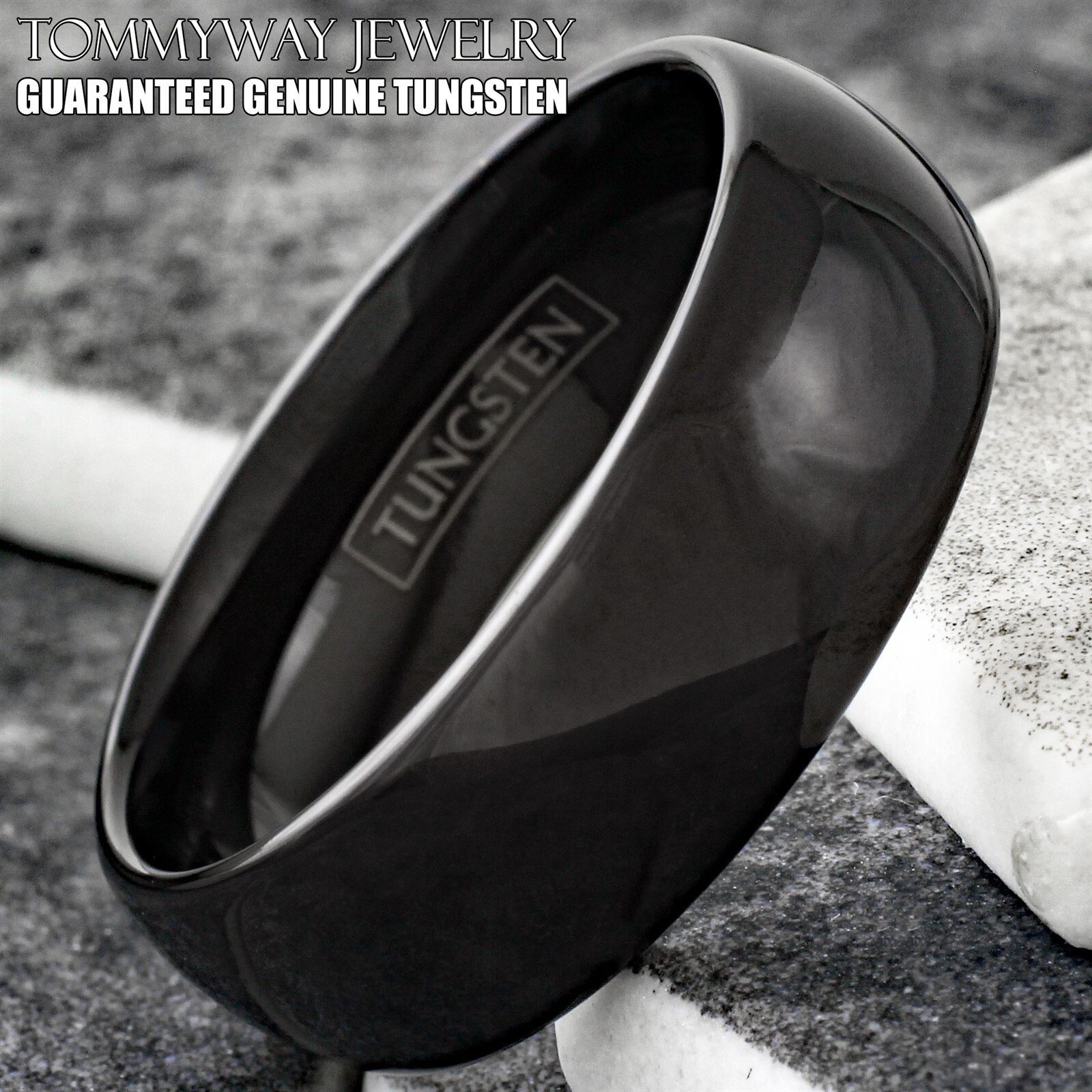 6/8mm Tungsten Carbide Polished Black Plain Domed Comfort Fit Wedding Band Ring