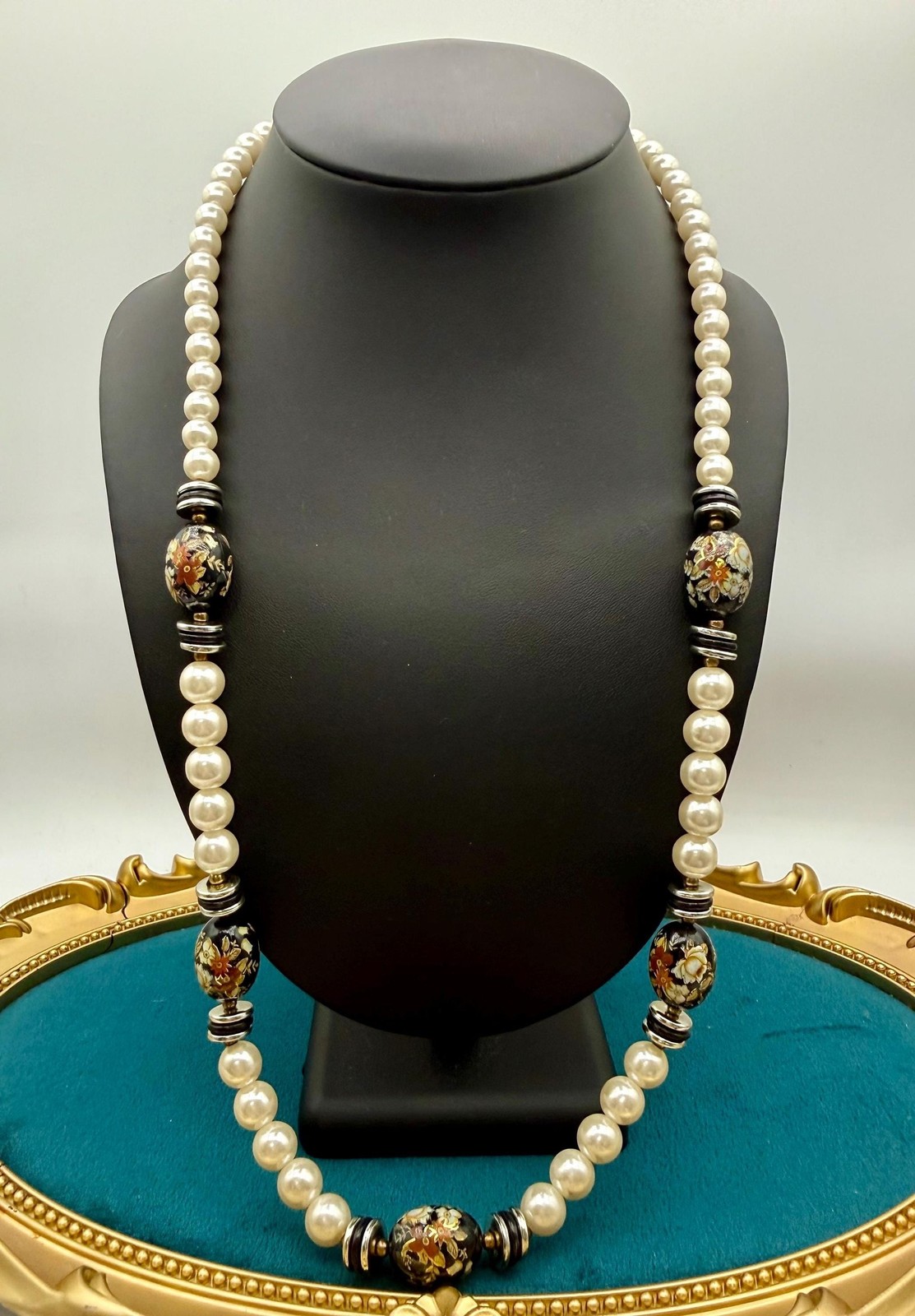 Vintage Faux Pearl Necklace, Black Floral Cloisonné Style Beads, 1980s Statement