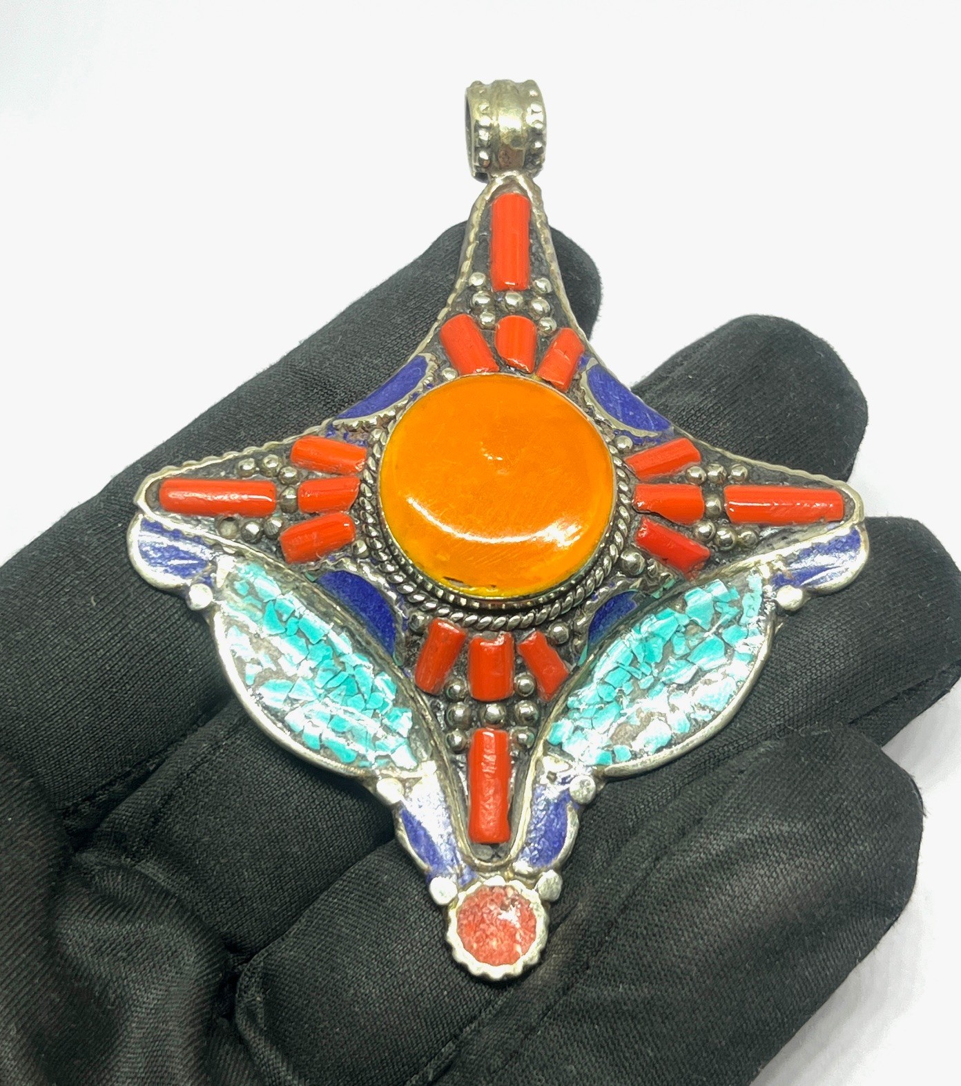 Ethnic Coral Turquoise Amber Gemstone Tibetan Style Pendant Jewelry, 3.0 inch