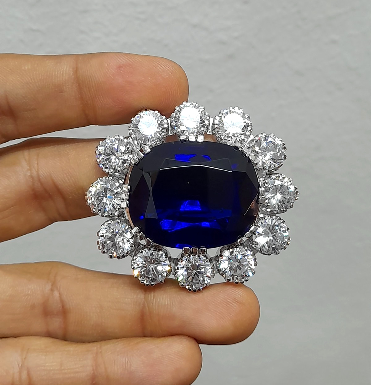 Lab Blue Cushion Cut Halo Fine 925 Silver Brooch Queen Victoria Inspired Jewelry
