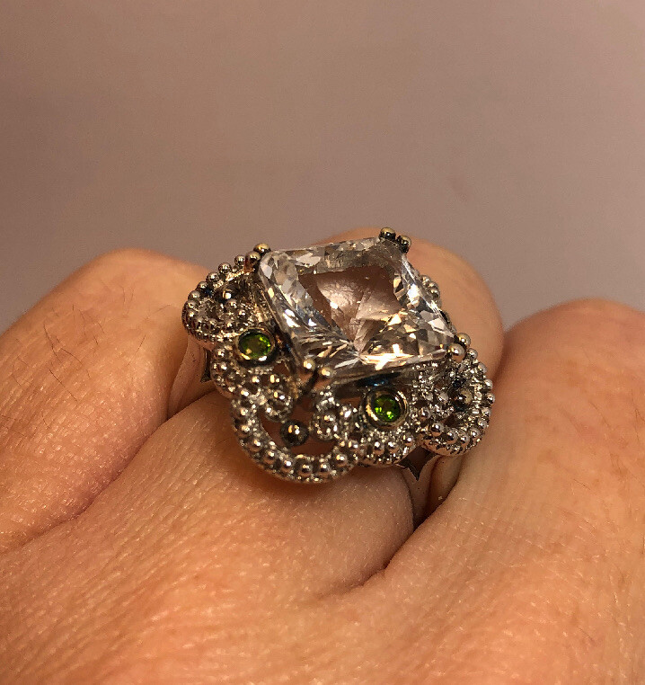 Sterling Silver White Topaz Chrome Diopside Multi Gemstone Modern Deco Ring 7