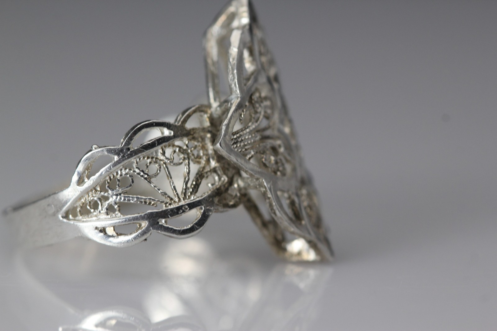 925 Sterling Silver Artisan Marquise Filigree Heart Size 8.75 Ring 3.2g(RIN9703)