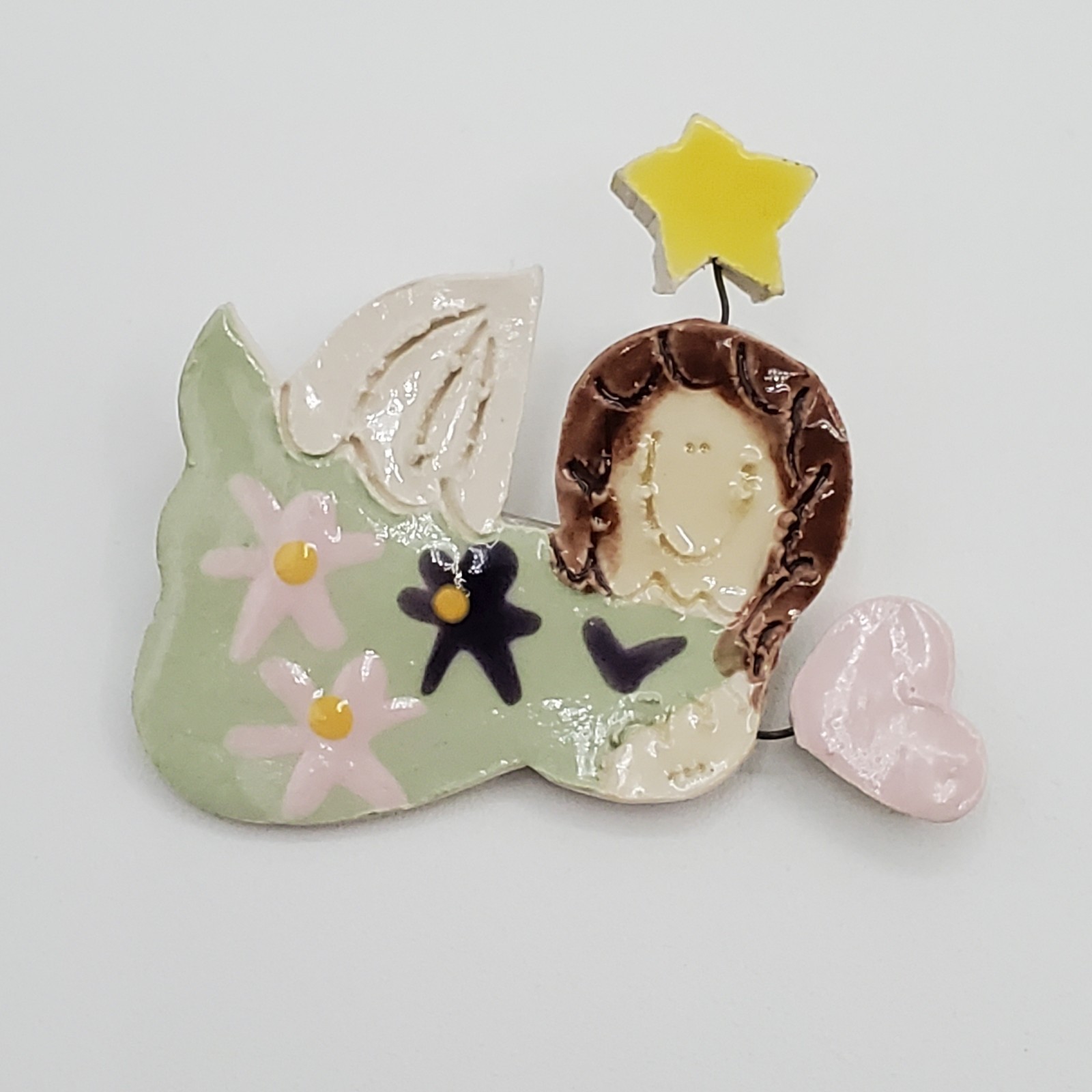 Hand Crafted Angel Brooch 2in Painted Ceramic Floating Heart Star Artisan Pin