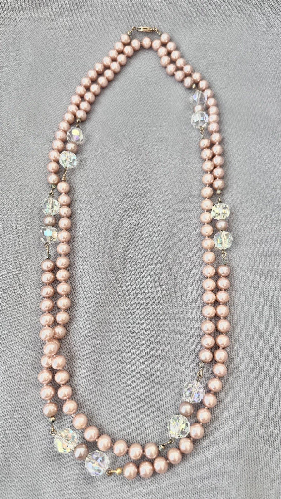 Vintage Elegant Long Dusty Pink Faux Pearl & Crystal Accent Bead Necklace-26 in