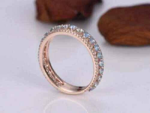 1.50Ct Round Cut Aquamarine Half Eternity Wedding Band Ring 18K Rose Gold Finish