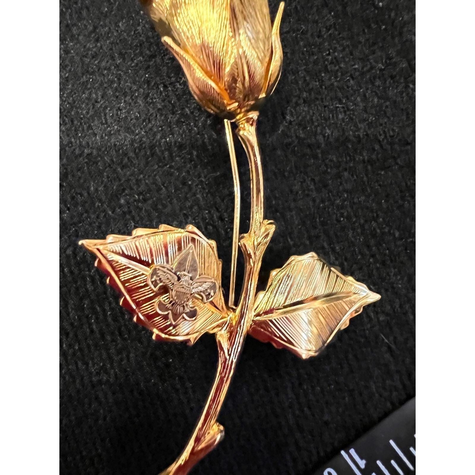 Vintage Gold Tone Rose Brooch Long Stem Floral Pin with Fleur-de-Lis Detail