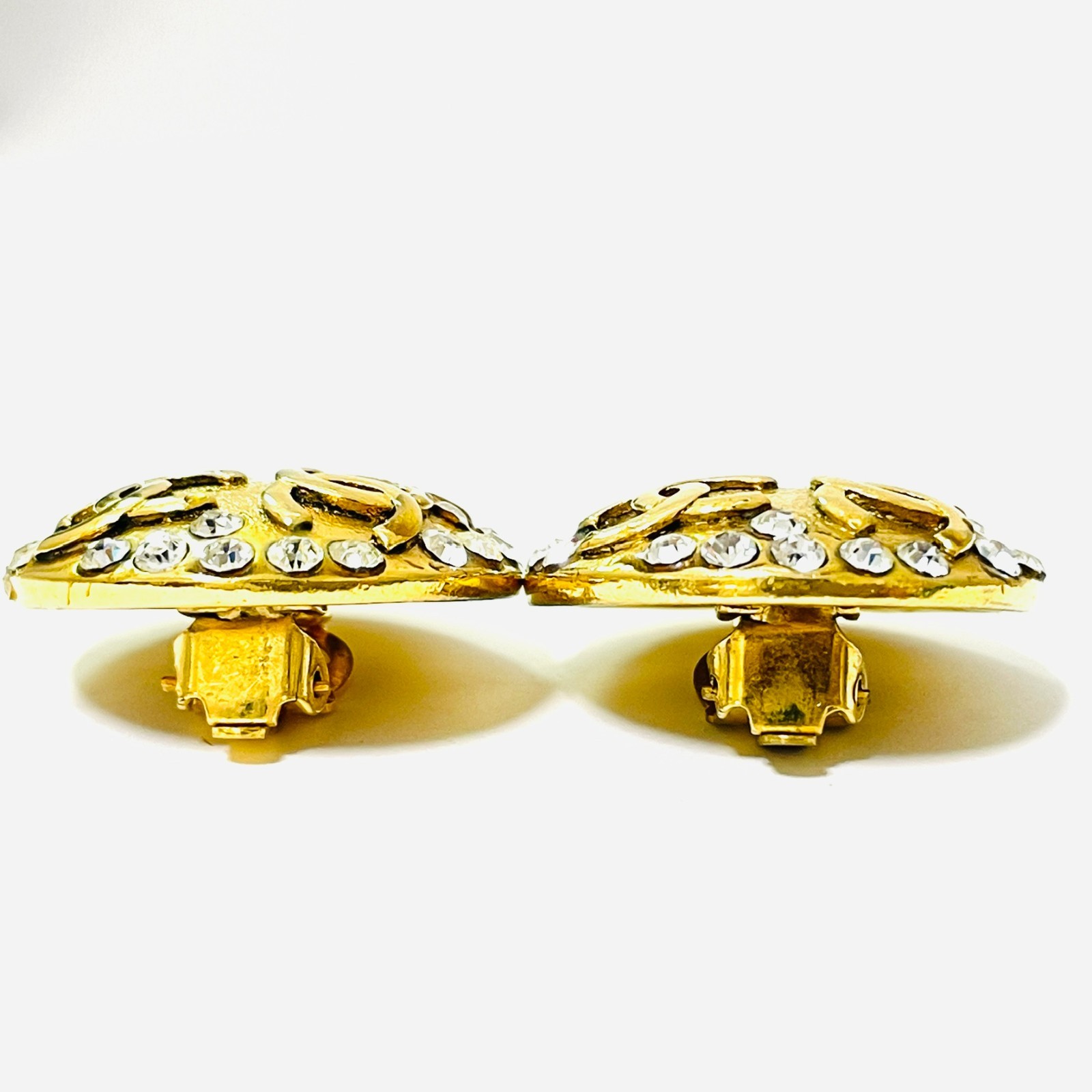 CHANEL 23 Coco Mark Rhinestone Earrings Gold CC Logo Vintage Clip-On JAPAN