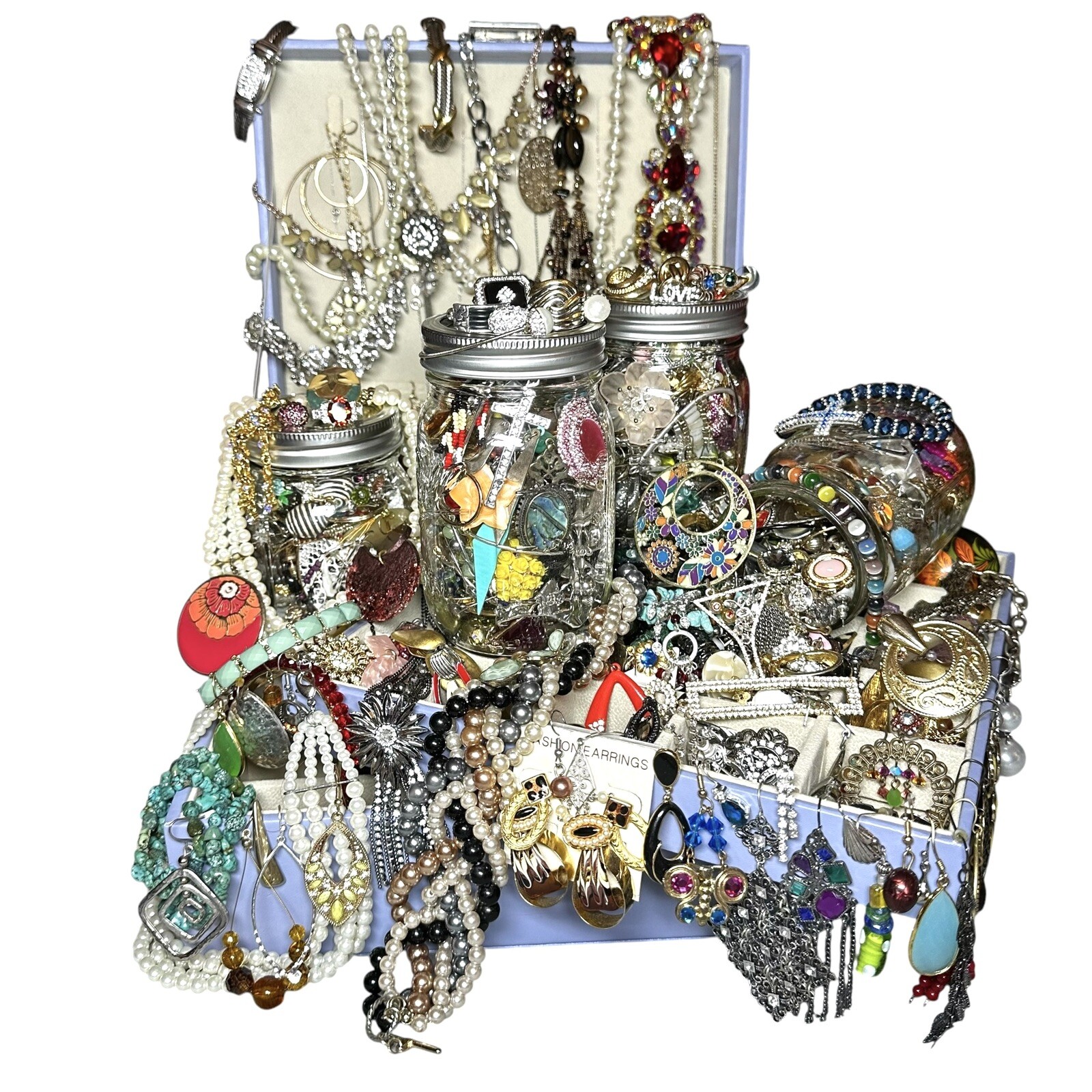1+Lb Full (1) Ball Mason Jar Mystery Lot All Wearable Jewelry GUC Necklaces Etc.