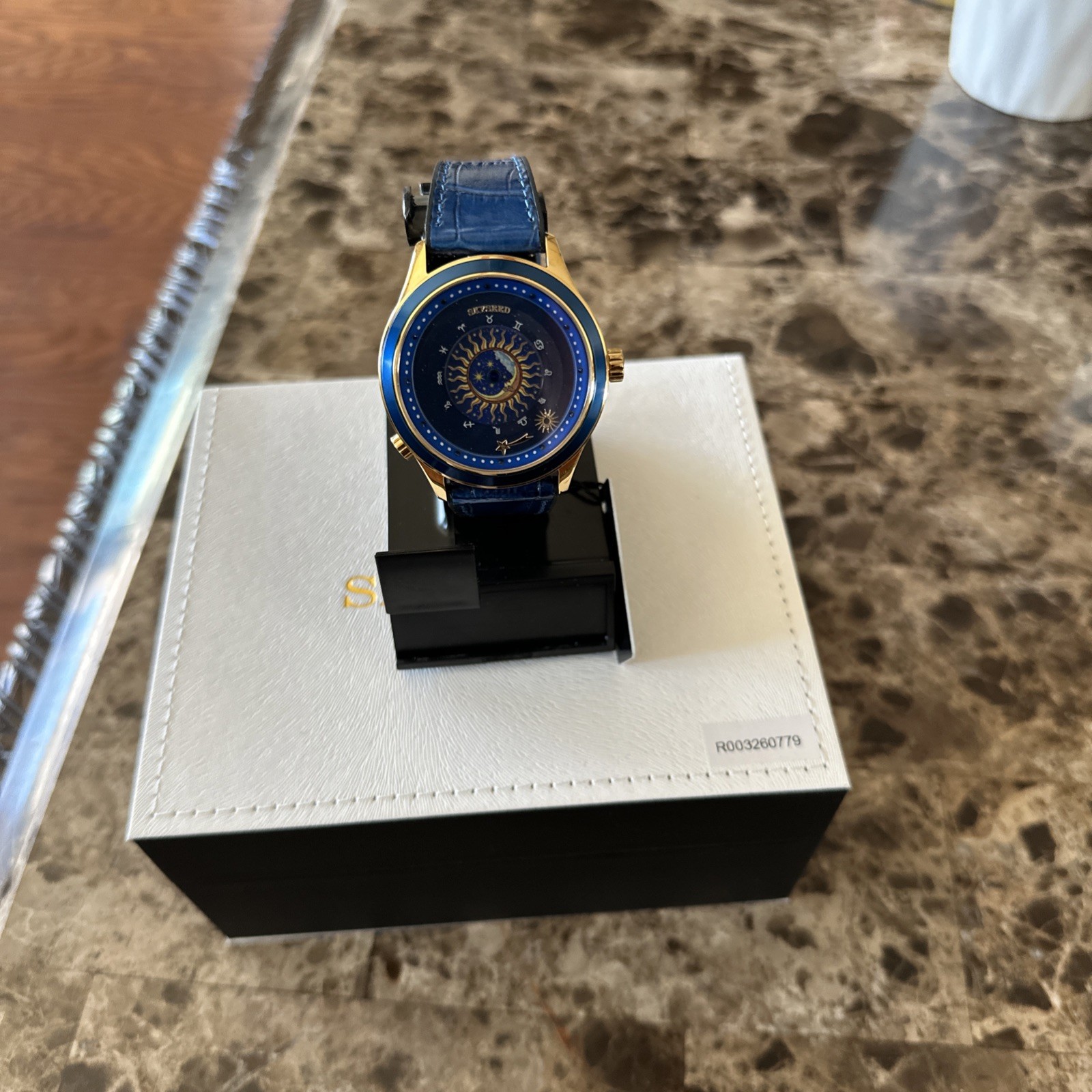 SKYSEED Celestial Blue Leather Band Men’s Analog Wristwatch Gold Accents Box