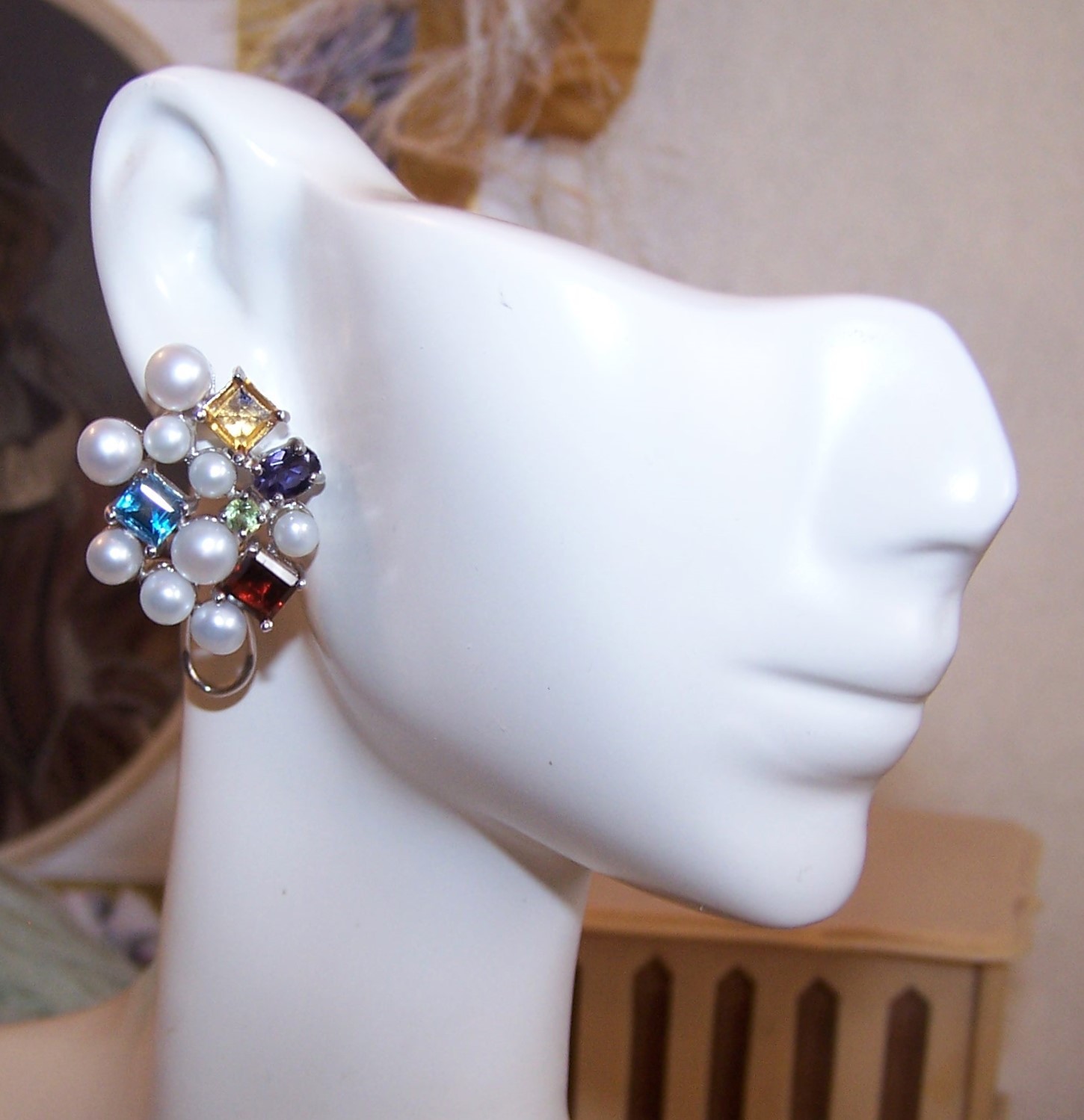ROSS SIMONS Sterling Silver Cultured Pearl and Multi Gemstone Earrings