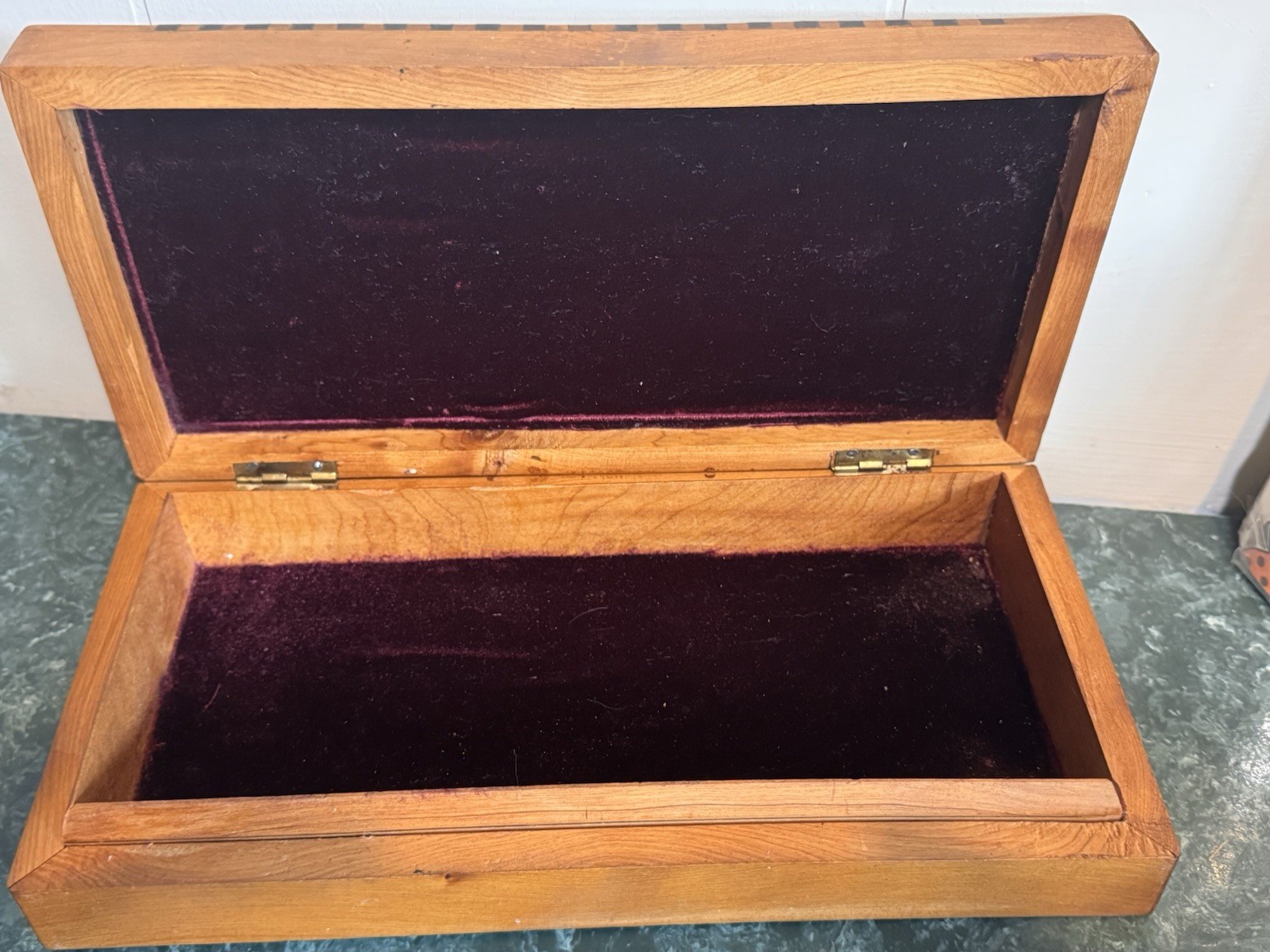 Burl Wood Marquetry Box Valet Jewelry Box MCM Hand Crafted Lined 11 x 5.5 in