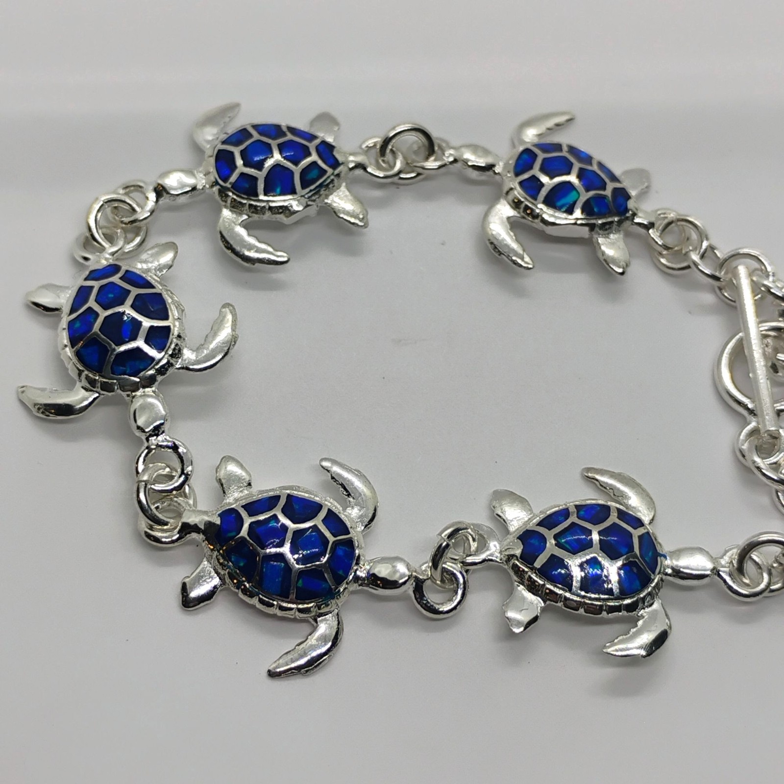 Sterling Silver Blue Lab Opal Inlay Sea Turtle Link Bracelet Toggle Clasp Size 7