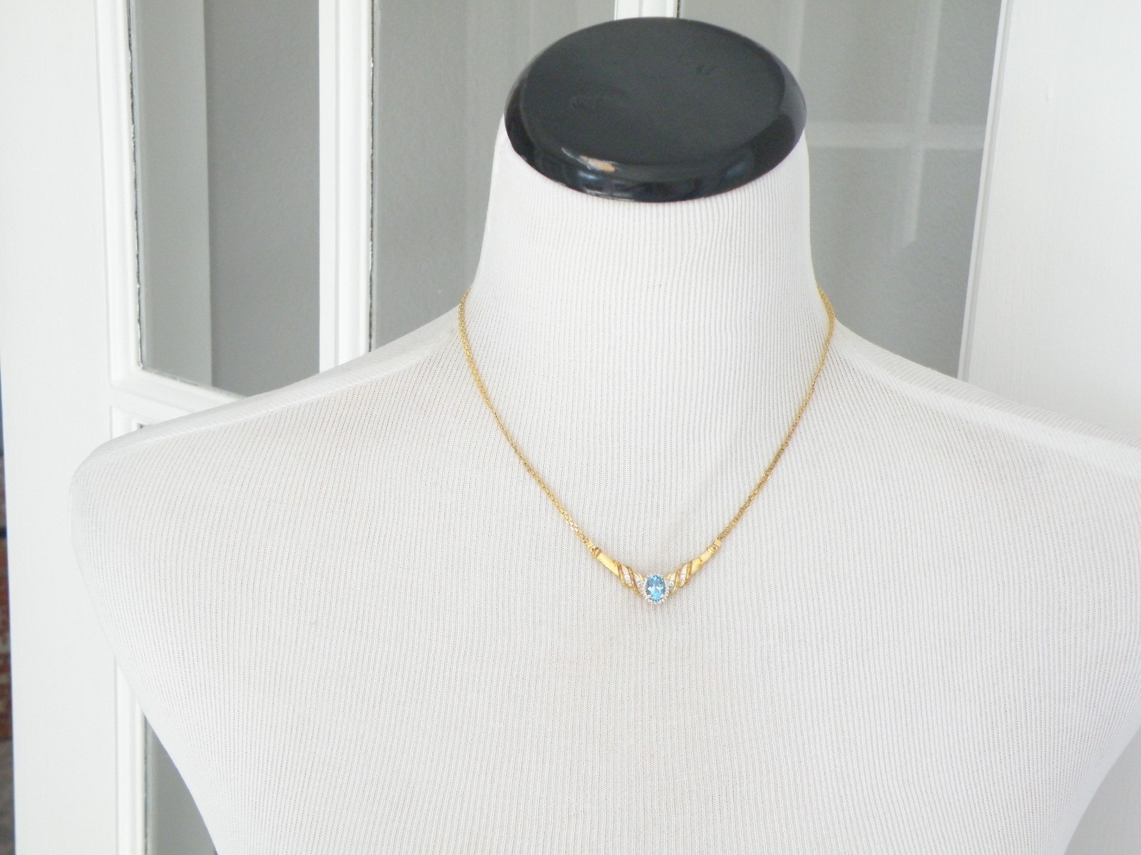 14K Gold on Sterling Silver 925 Natural Heated Blue Topaz Diamond Necklace 18″