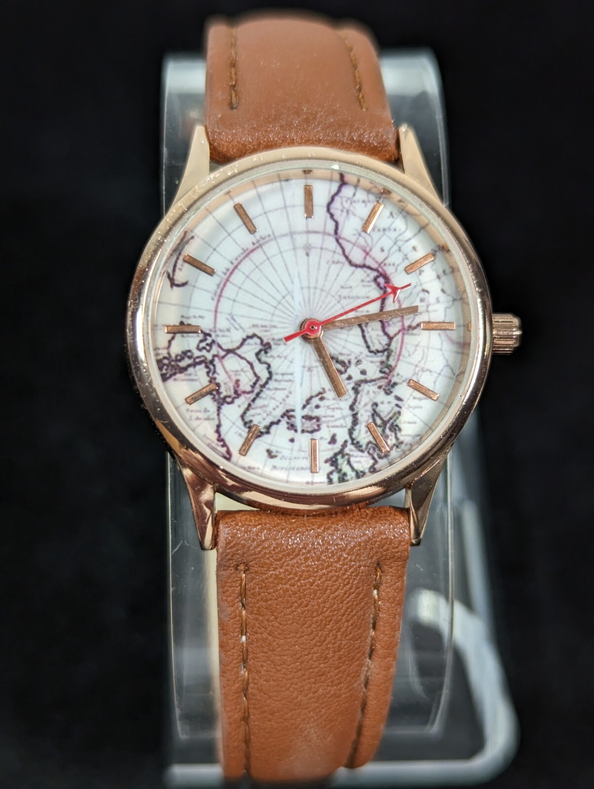 Womans World Map Dial Gold Tone Case Brown Faux Leather Band Watch 7.5 Inch