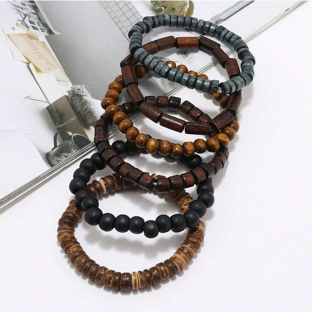 6PCS Wooden Beaded Leather Bracelet Men Vintage Braided Wrap Armband Jewelry