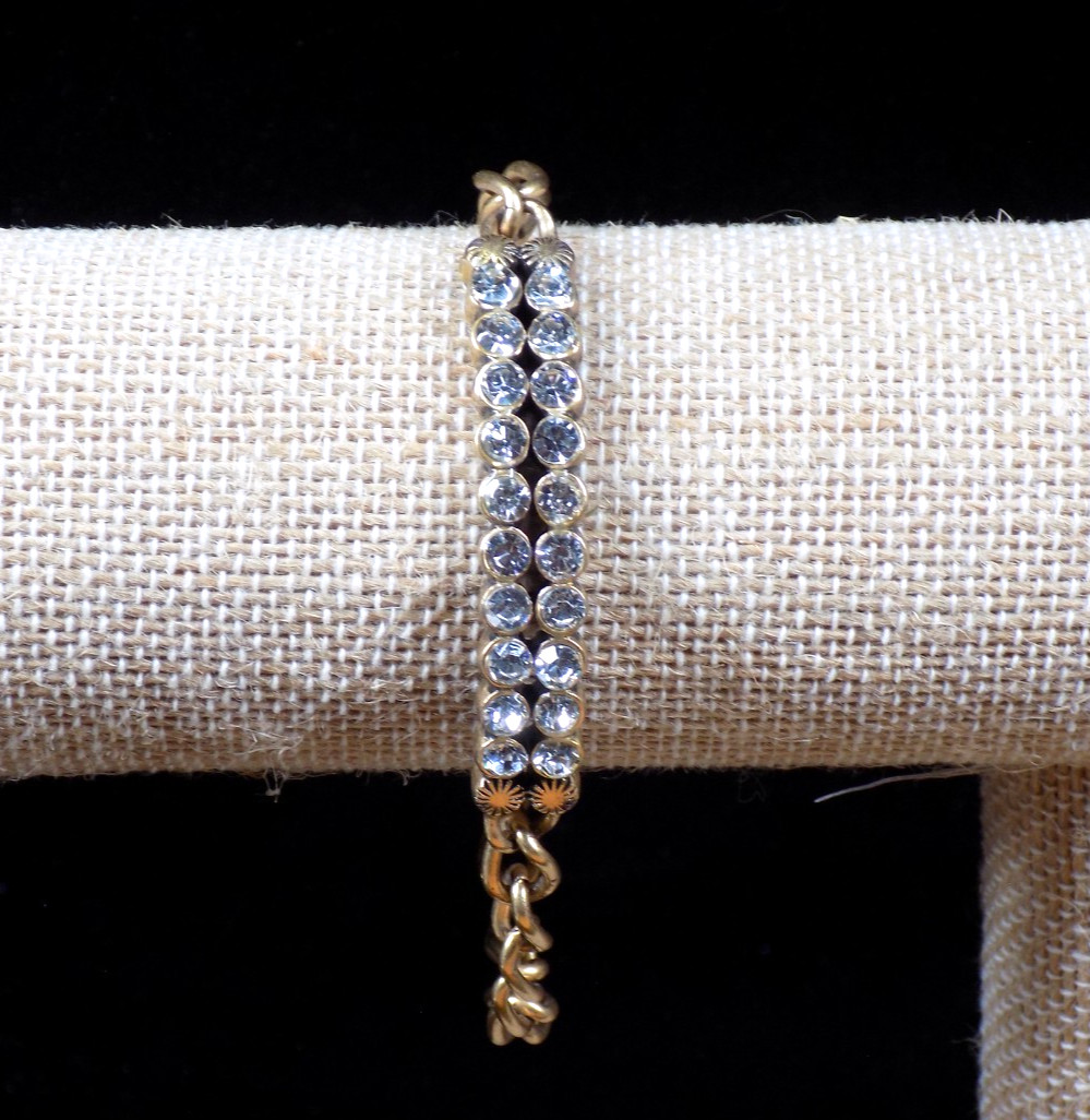 Vintage J Crew Bracelet Gold Tone Curved Bar White Colorless Rhinestones 6.5″