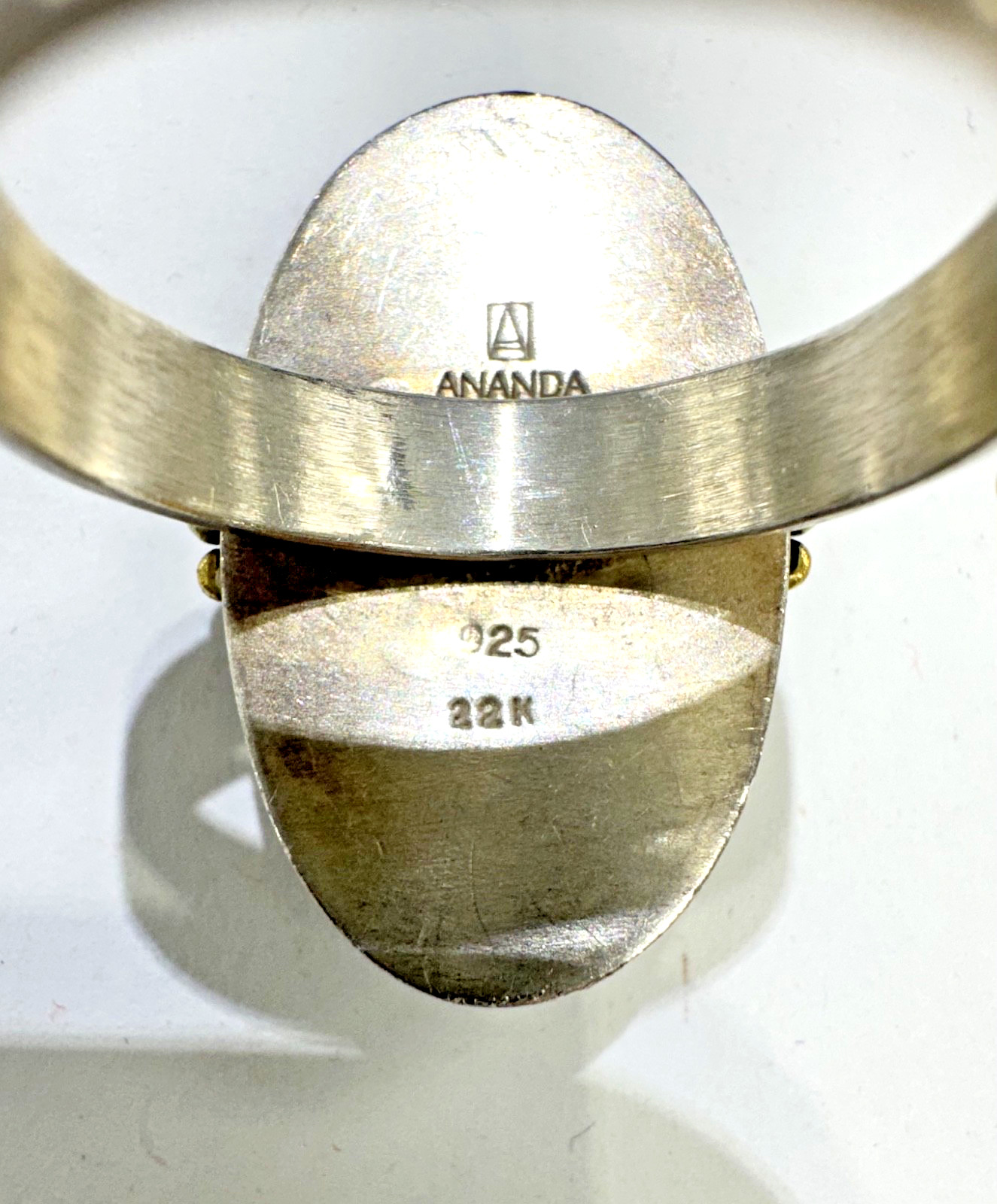 Ananda Khalsa – Pyrite Druzy Cocktail SS Hammered Ring with 22K Gold Trios