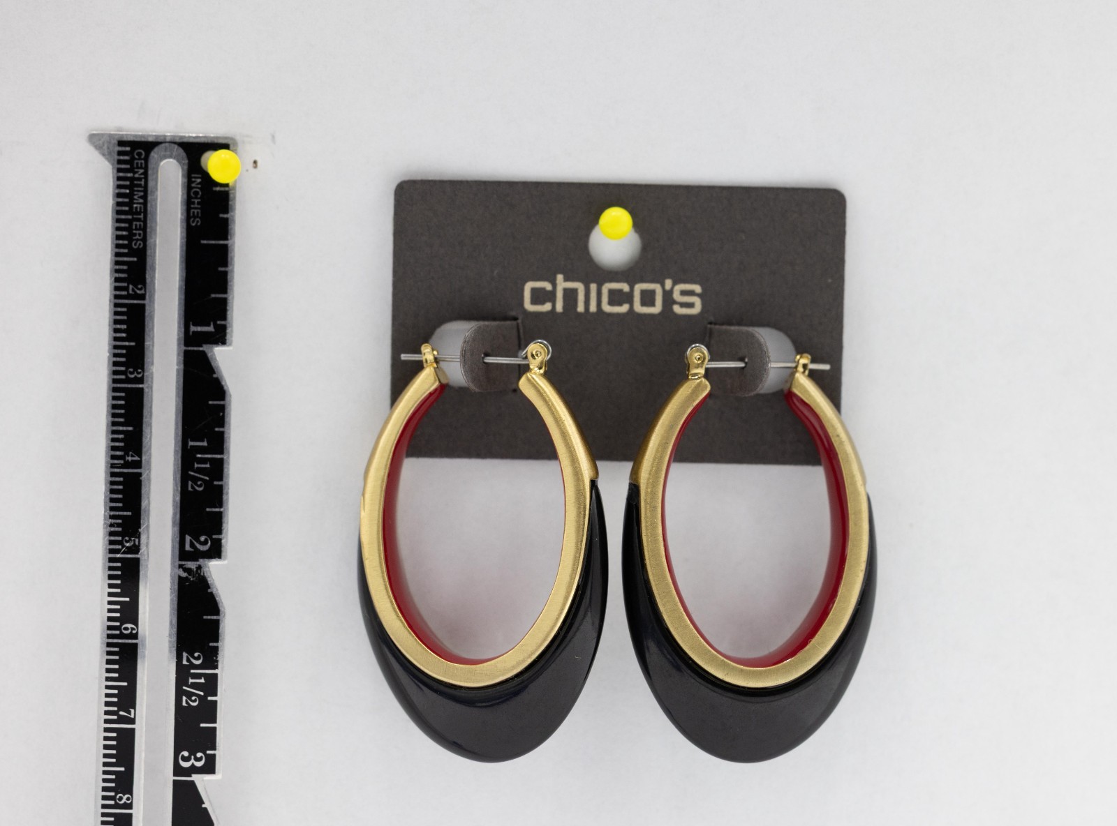 Chico’s black red and gold-tone dangle hoop earrings New