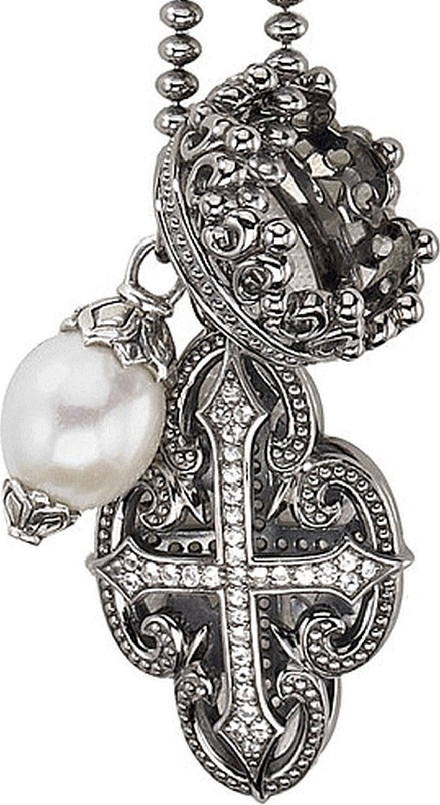$750 Scott Kay Ruthenium Ball Chain Pearl Cross Charm Necklace Women Lady Gift